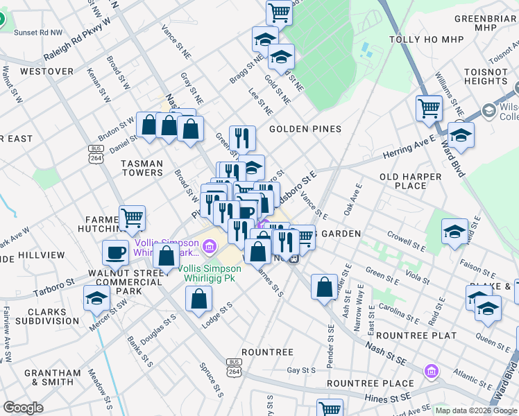 map of restaurants, bars, coffee shops, grocery stores, and more near 101 Goldsboro Street East in Wilson
