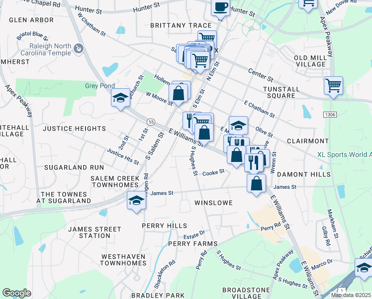 map of restaurants, bars, coffee shops, grocery stores, and more near 406 South Hughes Street in Apex
