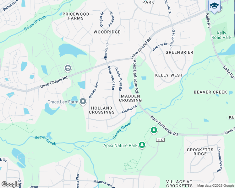 map of restaurants, bars, coffee shops, grocery stores, and more near 323 Grassy Point Road in Apex