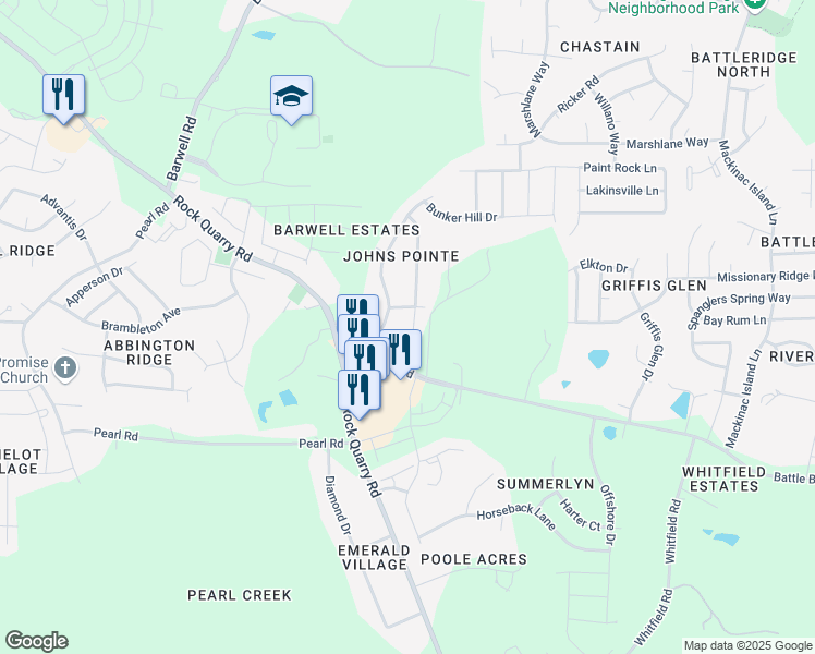 map of restaurants, bars, coffee shops, grocery stores, and more near 4018 Patriot Ridge Court in Raleigh