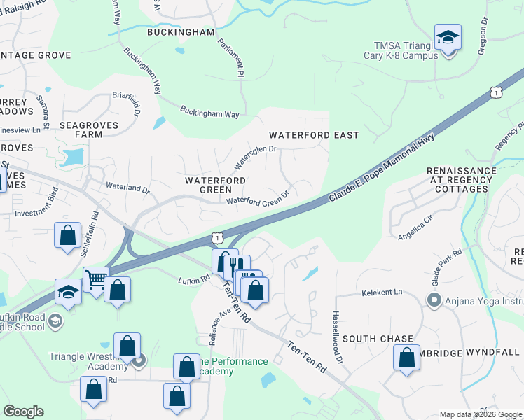 map of restaurants, bars, coffee shops, grocery stores, and more near 1209 Waterford Green Drive in Apex