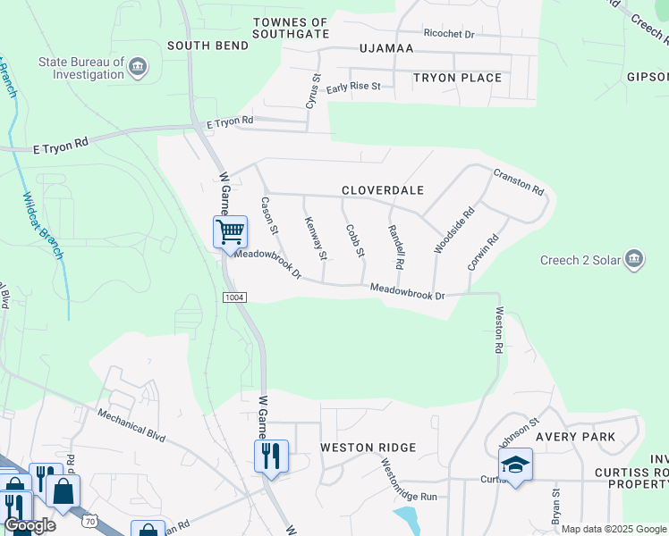map of restaurants, bars, coffee shops, grocery stores, and more near 502 Kenway Street in Garner