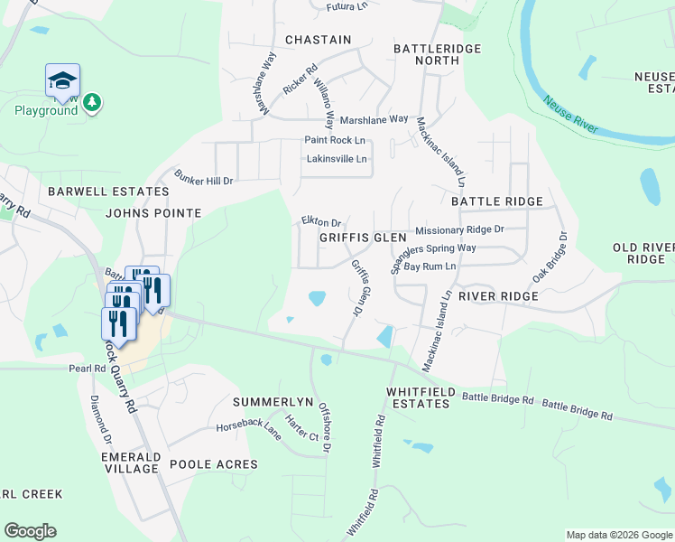 map of restaurants, bars, coffee shops, grocery stores, and more near 4156 Dalcross Road in Raleigh