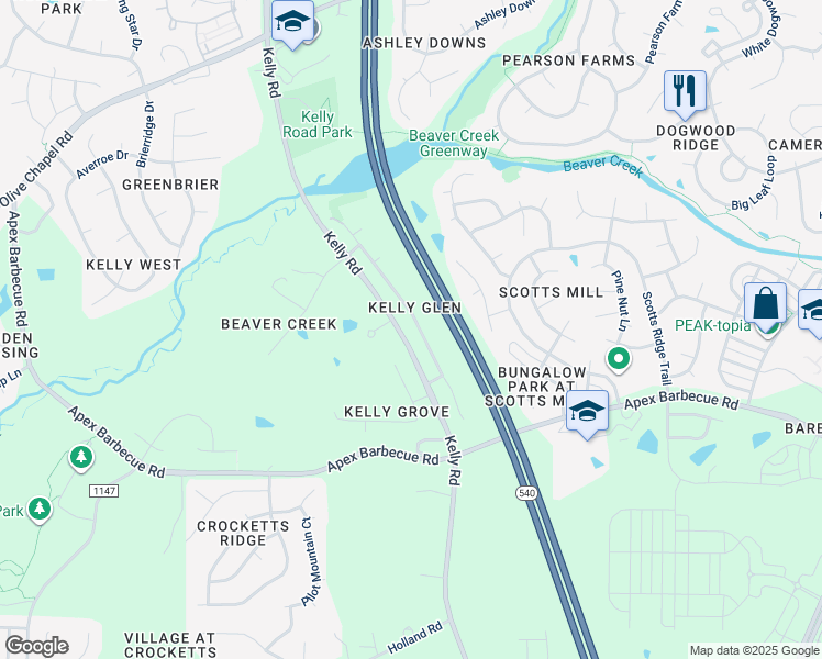map of restaurants, bars, coffee shops, grocery stores, and more near 1907 Kelly Glen Drive in Apex