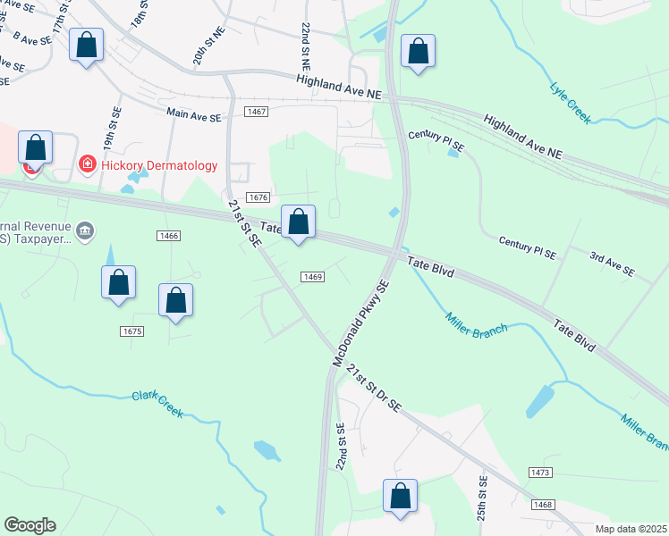 map of restaurants, bars, coffee shops, grocery stores, and more near 2168 5th Avenue Southeast in Hickory