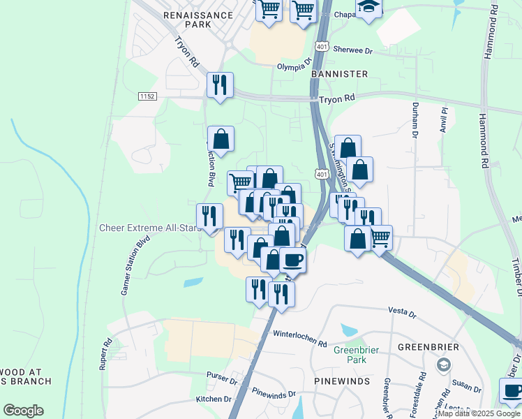 map of restaurants, bars, coffee shops, grocery stores, and more near 1557-1599 Garner Station Boulevard in Raleigh