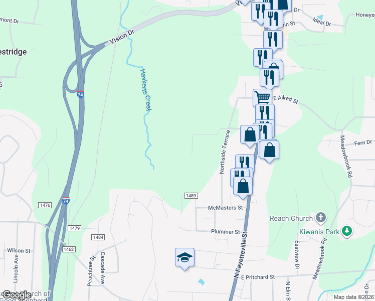map of restaurants, bars, coffee shops, grocery stores, and more near 346 Woodcrest Road in Asheboro