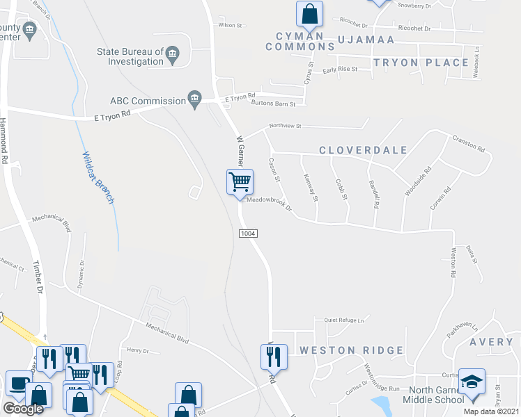 map of restaurants, bars, coffee shops, grocery stores, and more near 910 Meadowbrook Drive in Garner