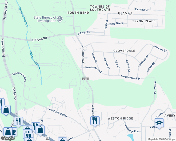 map of restaurants, bars, coffee shops, grocery stores, and more near 902 Meadowbrook Drive in Garner