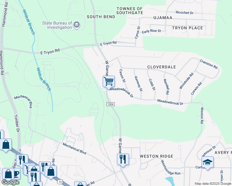 map of restaurants, bars, coffee shops, grocery stores, and more near 910 Meadowbrook Drive in Garner
