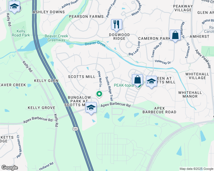map of restaurants, bars, coffee shops, grocery stores, and more near 305 Scotts Ridge Trail in Apex