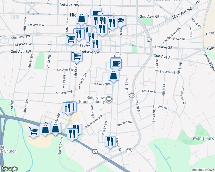 map of restaurants, bars, coffee shops, grocery stores, and more near 520 2nd Street Southwest in Hickory