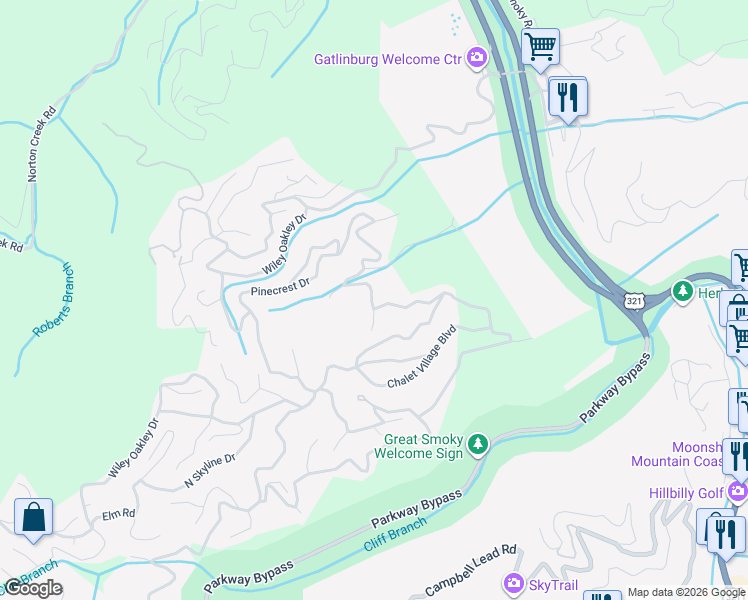 map of restaurants, bars, coffee shops, grocery stores, and more near 920 Crooked Ridge Road in Gatlinburg