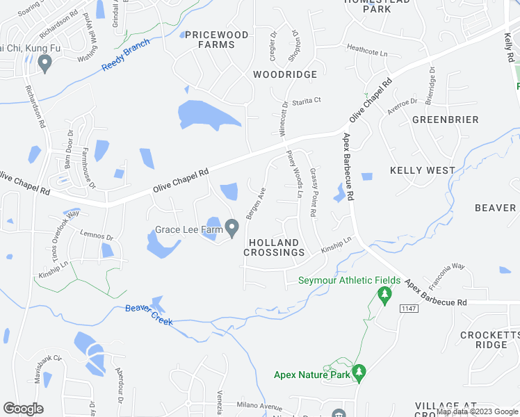 map of restaurants, bars, coffee shops, grocery stores, and more near 305 Bergen Avenue in Apex