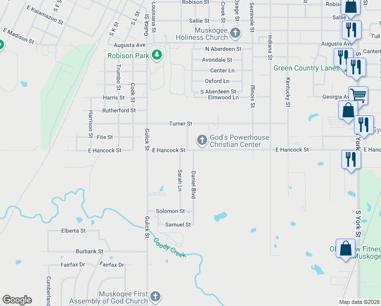 map of restaurants, bars, coffee shops, grocery stores, and more near 2302 Sarah Lane in Muskogee