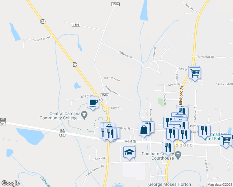 map of restaurants, bars, coffee shops, grocery stores, and more near 1 Honeysuckle Drive in Pittsboro