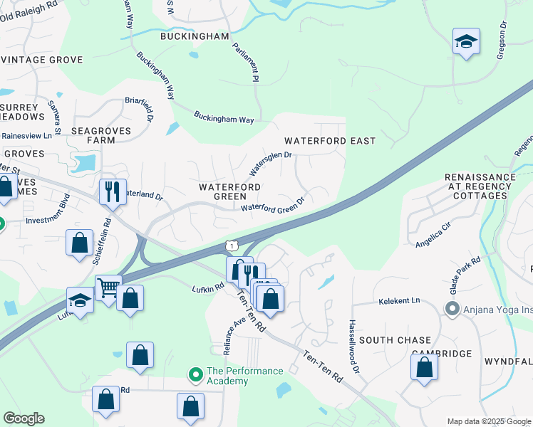 map of restaurants, bars, coffee shops, grocery stores, and more near 1203 Waterford Green Drive in Apex
