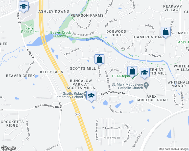map of restaurants, bars, coffee shops, grocery stores, and more near 307 Skinny Pine Court in Apex