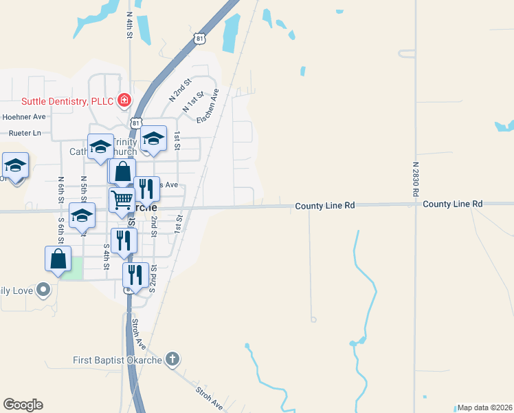 map of restaurants, bars, coffee shops, grocery stores, and more near Northwest 248 Street in Okarche