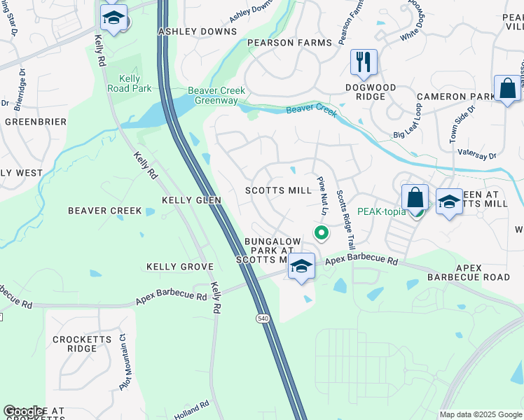 map of restaurants, bars, coffee shops, grocery stores, and more near 1007 Scotts Ridge Trail in Apex