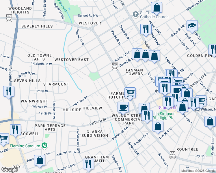 map of restaurants, bars, coffee shops, grocery stores, and more near 509 Park Avenue West in Wilson