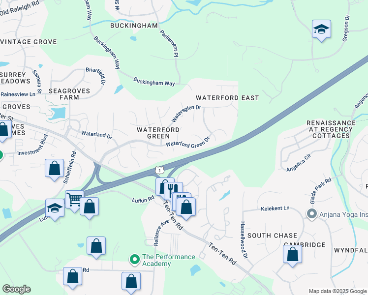 map of restaurants, bars, coffee shops, grocery stores, and more near 1203 Waterford Green Drive in Apex