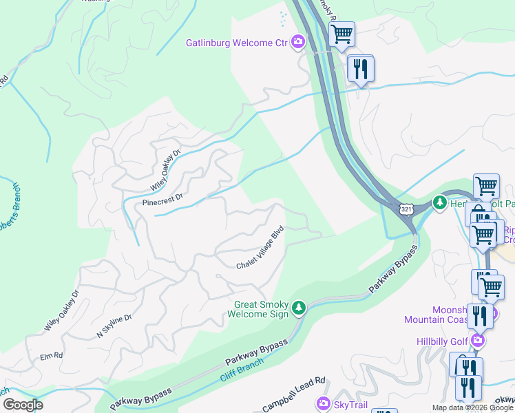 map of restaurants, bars, coffee shops, grocery stores, and more near 944 Crooked Ridge Road in Gatlinburg