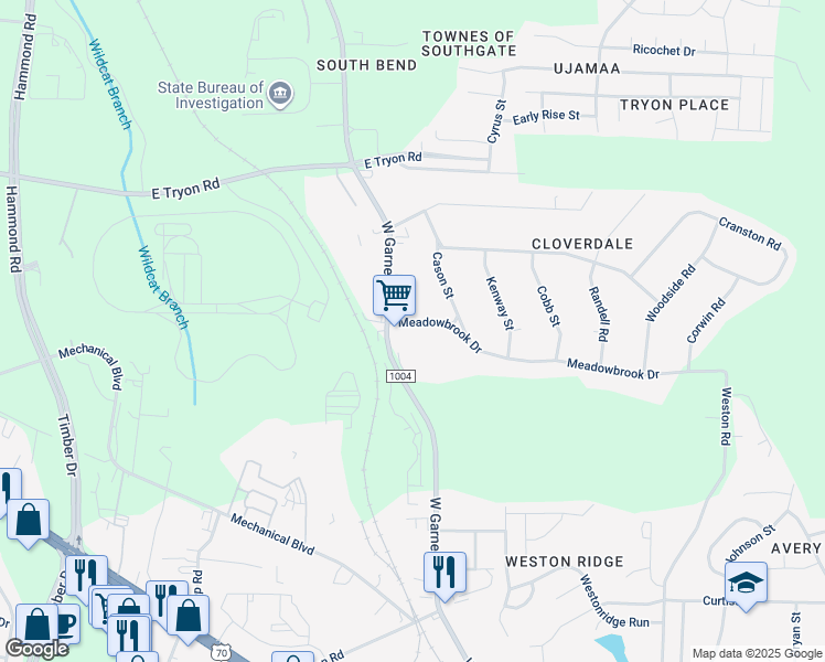 map of restaurants, bars, coffee shops, grocery stores, and more near 902 Meadowbrook Drive in Garner