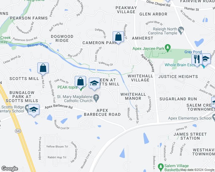 map of restaurants, bars, coffee shops, grocery stores, and more near 100 Homegate Circle in Apex
