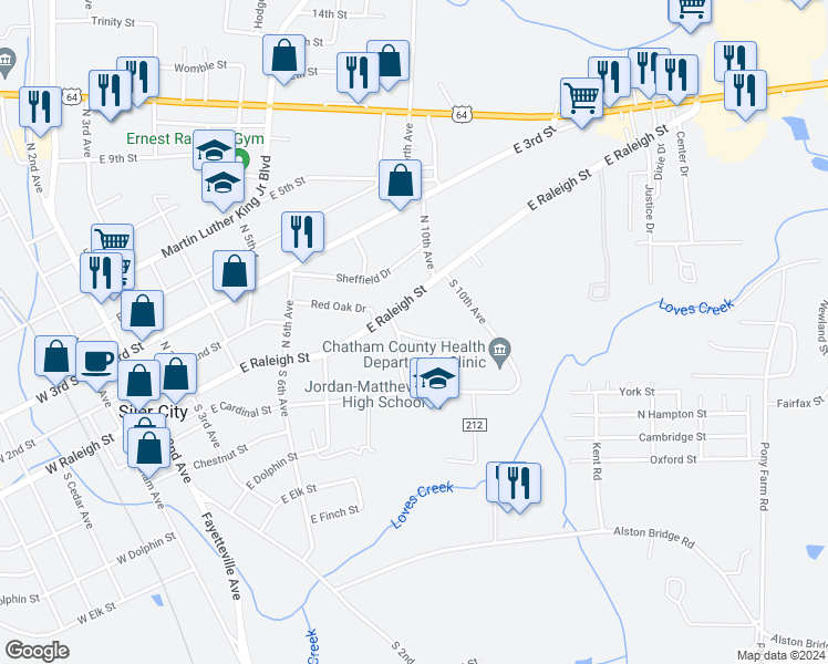 map of restaurants, bars, coffee shops, grocery stores, and more near 107 Central Avenue in Siler City
