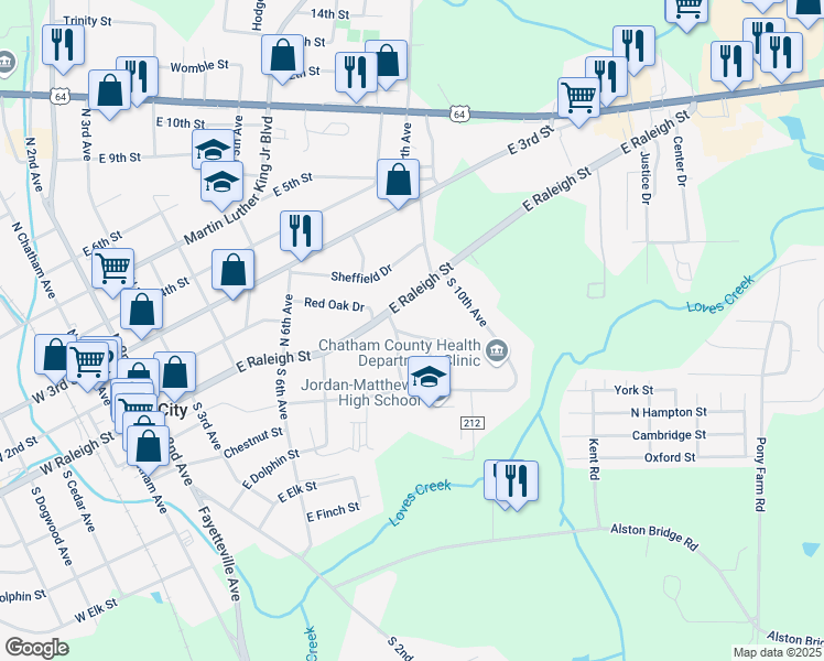 map of restaurants, bars, coffee shops, grocery stores, and more near 107 Central Avenue in Siler City