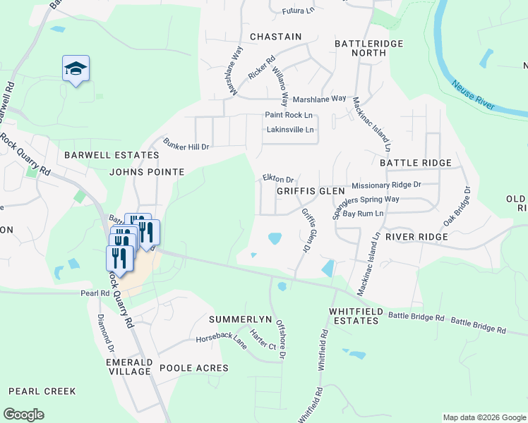 map of restaurants, bars, coffee shops, grocery stores, and more near 3839 Chehaw Drive in Raleigh