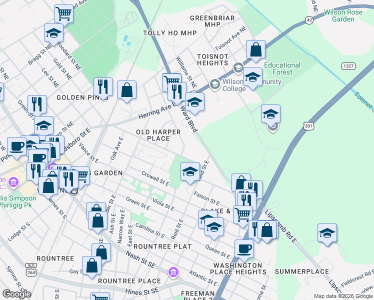 map of restaurants, bars, coffee shops, grocery stores, and more near 809 Gold Street East in Wilson