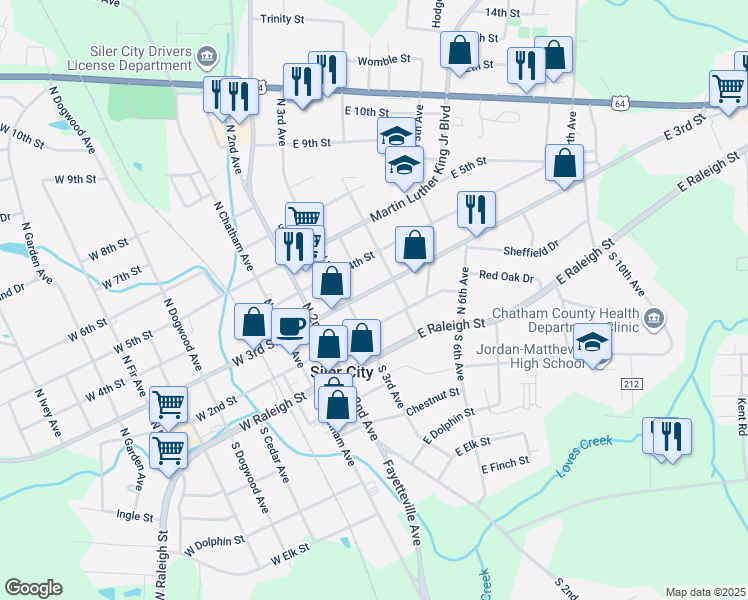 map of restaurants, bars, coffee shops, grocery stores, and more near 314 East 3rd Street in Siler City