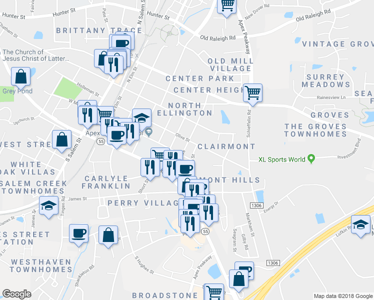 map of restaurants, bars, coffee shops, grocery stores, and more near 209 South Tunstall Avenue in Apex