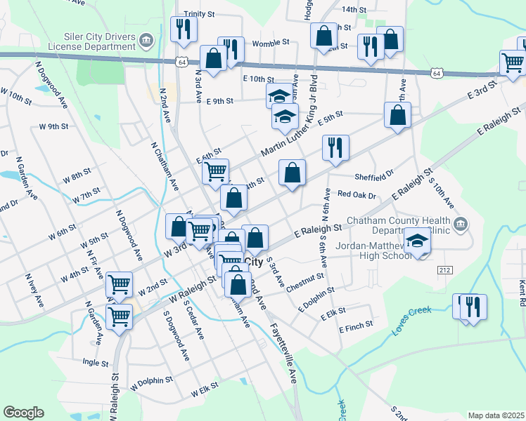 map of restaurants, bars, coffee shops, grocery stores, and more near 314 East 3rd Street in Siler City