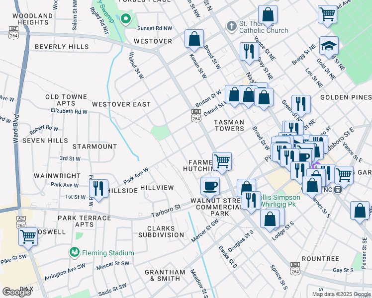 map of restaurants, bars, coffee shops, grocery stores, and more near 507 Park Avenue West in Wilson