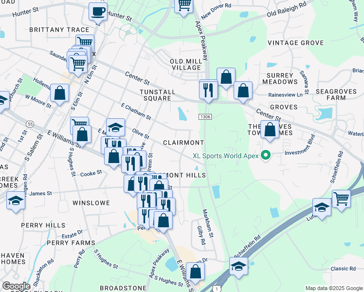 map of restaurants, bars, coffee shops, grocery stores, and more near 204 Briarcliff Street in Apex