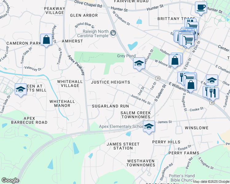 map of restaurants, bars, coffee shops, grocery stores, and more near 204 Gumdrop Path in Apex
