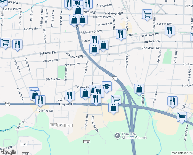 map of restaurants, bars, coffee shops, grocery stores, and more near 1218 6th Avenue Southwest in Hickory