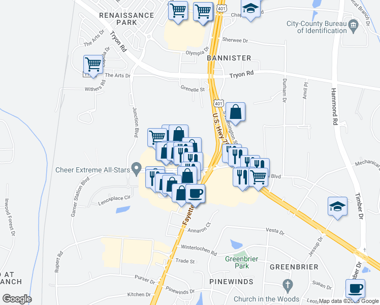 map of restaurants, bars, coffee shops, grocery stores, and more near 1450 Garner Station Boulevard in Raleigh