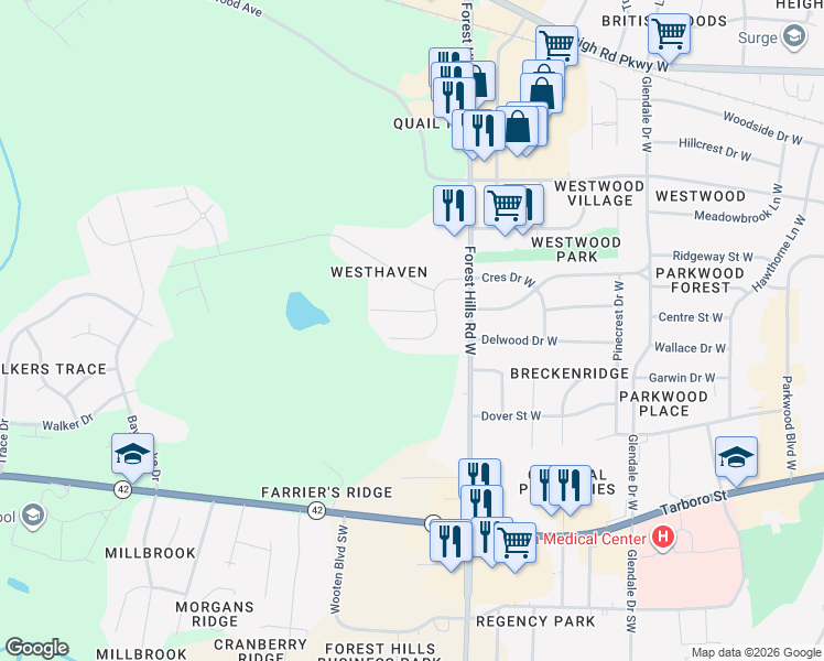 map of restaurants, bars, coffee shops, grocery stores, and more near 2219 Crescent Drive West in Wilson
