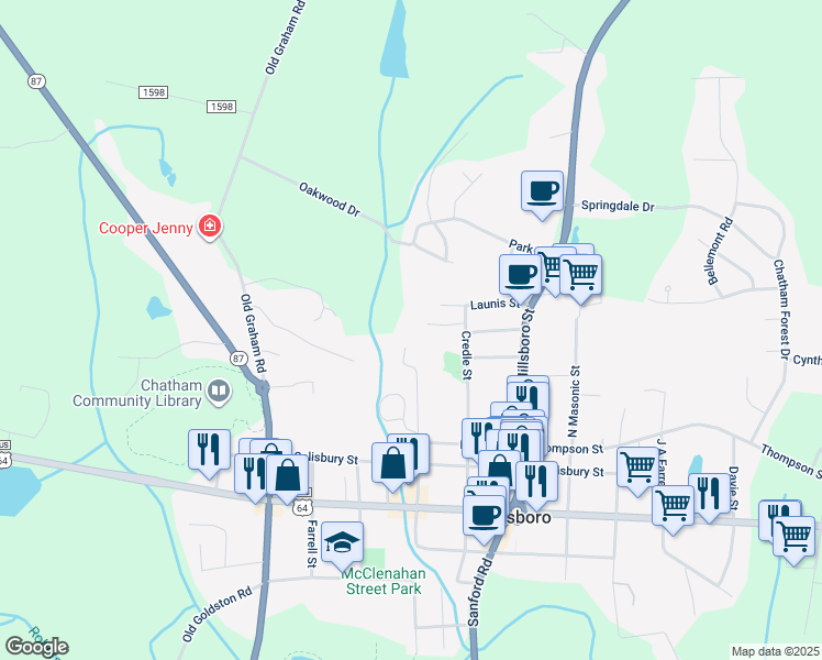 map of restaurants, bars, coffee shops, grocery stores, and more near 137 Cedar Lane in Pittsboro