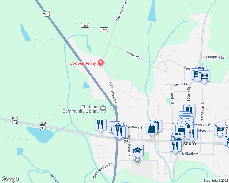 map of restaurants, bars, coffee shops, grocery stores, and more near 240 Old North Carolina 87 in Pittsboro