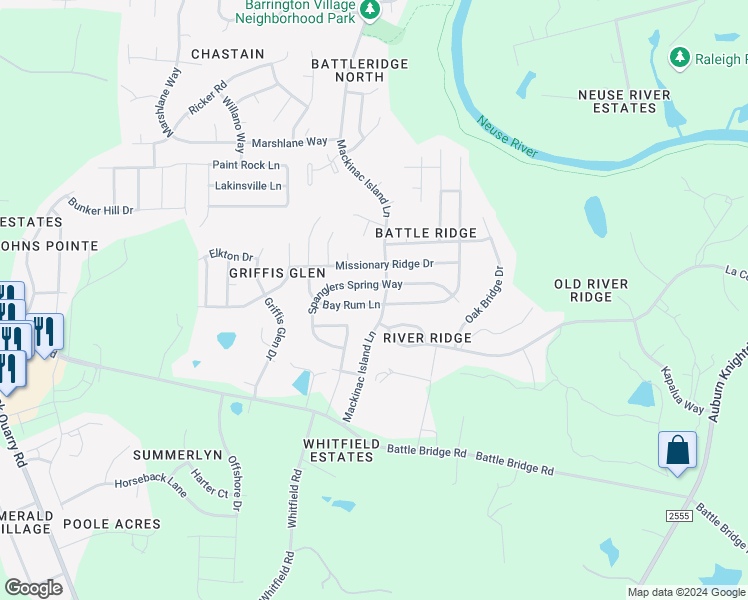 map of restaurants, bars, coffee shops, grocery stores, and more near 4104 Bay Rum Lane in Raleigh