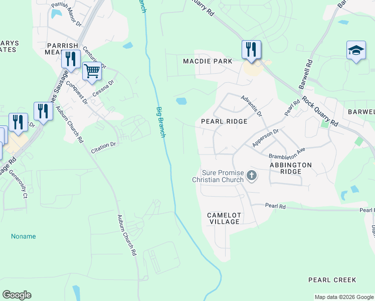 map of restaurants, bars, coffee shops, grocery stores, and more near 4365 Haverty Drive in Raleigh