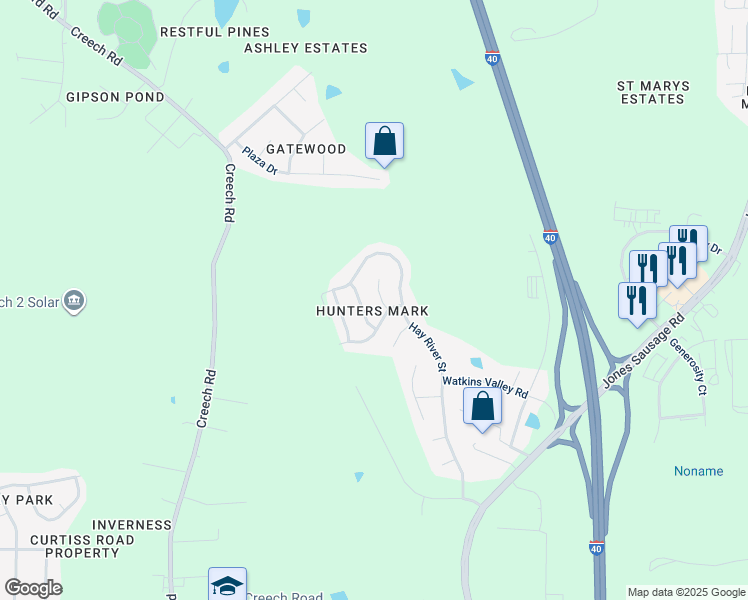 map of restaurants, bars, coffee shops, grocery stores, and more near 105 Reno Avenue in Garner
