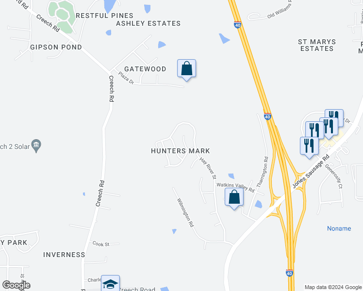 map of restaurants, bars, coffee shops, grocery stores, and more near 105 Reno Avenue in Garner
