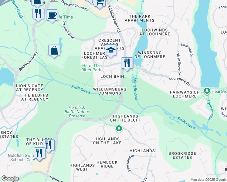 map of restaurants, bars, coffee shops, grocery stores, and more near 113 Palace Green in Cary