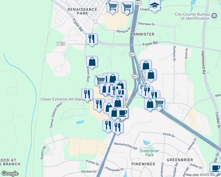 map of restaurants, bars, coffee shops, grocery stores, and more near 1450 Garner Station Boulevard in Raleigh